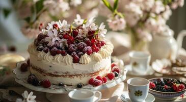 ai generato un' bianca torta con frutti di bosco e bianca tazze è seduta su il floreale tavolo foto