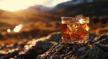 ai generato un' Whisky bicchiere con ghiaccio seduta nel il sole foto