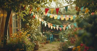 ai generato un all'aperto giardino scena con colorato banner foto