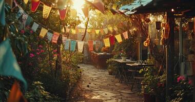 ai generato un all'aperto giardino scena con colorato banner foto