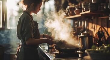 ai generato un' donna nel il cucina con un' cottura a vapore pentola foto