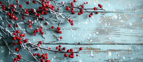 ai generato Natale confine con rosso frutti di bosco su di legno sfondo foto