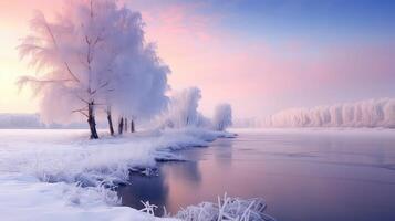 ai generato inverno paesaggio con neve coperto alberi e lago foto