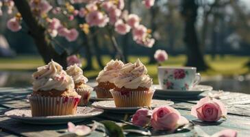 ai generato tazza torte e Rose su il tavolo nel davanti di un' parco foto