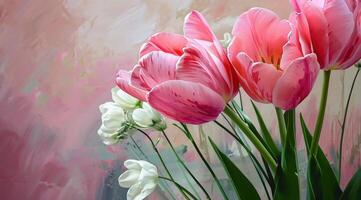 ai generato rosa tulipani contro rosa sfondo copia spazio per testo foto