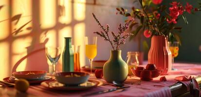 ai generato tavolo ambientazione con pastello colorato vaso foto