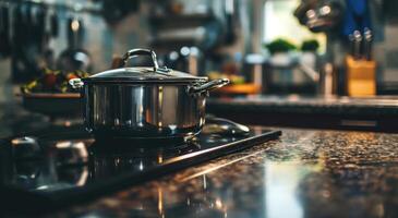 ai generato cucina padella sta su il stufa foto