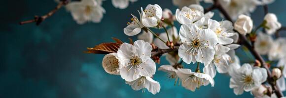 ai generato bianca ciliegia fiori sospeso nel un' blu sfondo foto