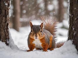 ai generato selvaggio scoiattolo con inverno neve sfondo foto