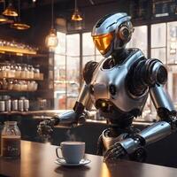 ai generato robot seduta a tavolo nel ristorante con tazza di caffè foto