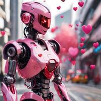 ai generato rosa robot con volante cuori e città sfondo foto