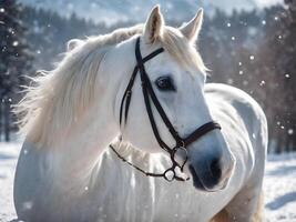ai generato bianca cavallo con neve sfondo foto
