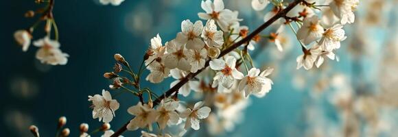 ai generato bianca ciliegia fiori sospeso nel un' blu sfondo foto