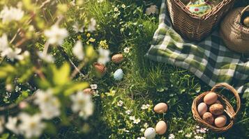 ai generato a tema pasquale elementi. il lussureggiante verde, fioritura fiori, e sparpagliato uova foto