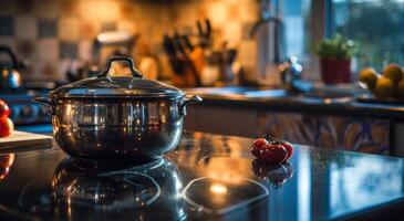 ai generato cucina padella sta su il stufa foto