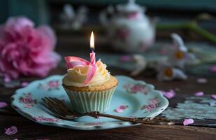 ai generato minuscolo Cupcake con candela e rosa nastro foto