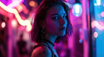 ai generato giovane donna a club contro neon luci foto