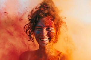 ai generato donna sorridente nel il colorato polvere nel bianca spazio foto