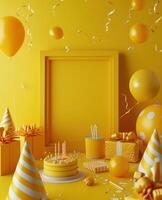 ai generato giallo compleanno carta telaio decorato con festa forniture foto