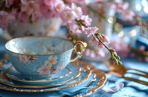 ai generato tavolo ambientazione con blu fiori e oro Accenti foto