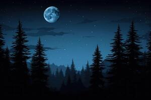 ai generato buio abete alberi e pieno Luna silhouette a notte foto