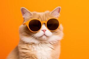 ai generato gatto indossare occhiali da sole su arancia sfondo metà corpo estate vacanza foto