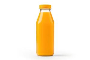 ai generato arancia succo bottiglia visto a partire dal il davanti su un' bianca sfondo foto