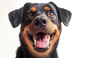 ai generato un' contento e sorridente cane facce un' bianca sfondo foto