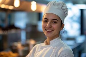 ai generato femmina capocuoco nel bianca uniforme sorrisi a telecamera su cucina foto