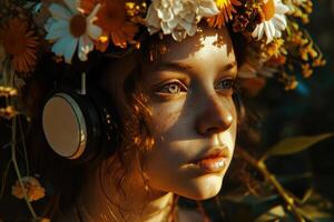 ai generato il ragazza con fiori su sua testa è ascoltando per musica foto