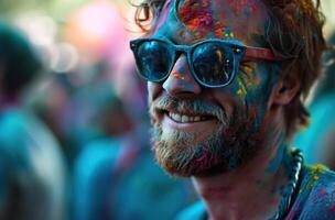 ai generato uomo nel occhiali da sole con colorato holi polvere su il suo viso e sorridente. foto