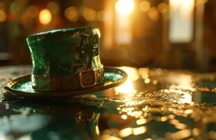 ai generato un' verde santo Patrick giorno cappello è seduta su un' tavolo foto