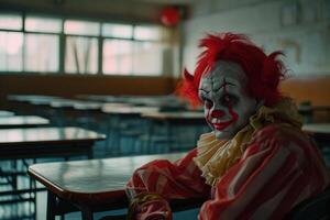 ai generato un' clown nel un' aula, nel il stile di cinematico montaggi foto