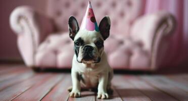 ai generato un' poco francese bulldog indossare un' compleanno cappello foto