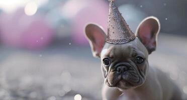 ai generato un' poco francese bulldog indossare un' compleanno cappello foto