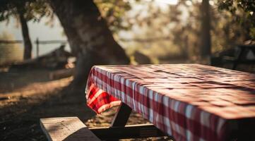 ai generato un' picnic tavolo con un' rosso e bianca tovaglia foto