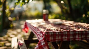 ai generato un' picnic tavolo con un' rosso e bianca tovaglia foto