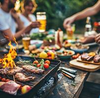 ai generato barbecue con griglia, gli amici, birra e cibo a estate picnic. foto