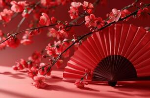 ai generato un origami carta fan nel rosso con rosa fiori foto