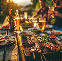 ai generato barbecue con griglia, gli amici, birra e cibo a estate picnic. foto