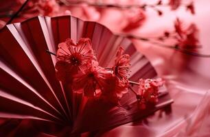 ai generato un origami carta fan nel rosso con rosa fiori foto