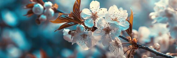 ai generato un' bianca ciliegia fiorire con blu le foglie su esso foto