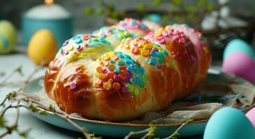 ai generato un Pasqua pane è decorato con uova e colorato glassa. foto