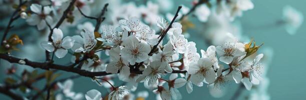 ai generato ciliegia fiorire nel primavera nel natura su blu sfondo foto