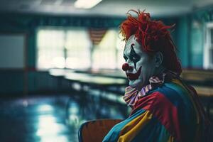ai generato clown nel scuola sfondo foto
