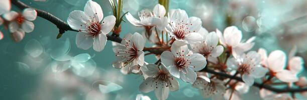 ai generato ciliegia fiorire nel primavera nel natura su blu sfondo foto