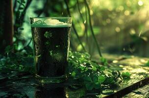 ai generato potabile birra nel un Aperto bicchiere su tavolo con trifoglio le foglie foto