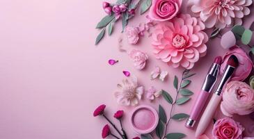 ai generato cosmetico rendere su prodotti su un' rosa sfondo foto
