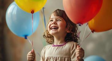 ai generato bambino ridendo e Tenere parecchi palloncini foto