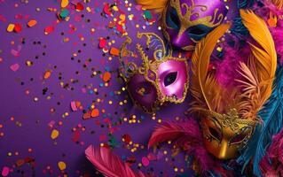 ai generato colorato piume su un' viola sfondo di carnevale maschere. foto